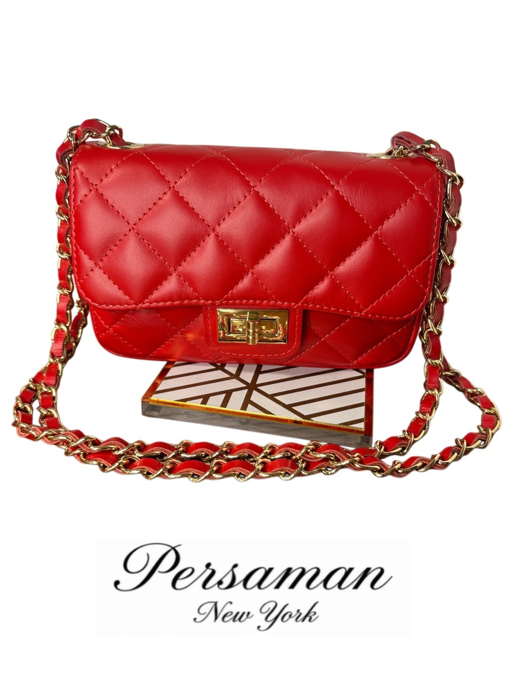 PERSAMAN NEW YORK Italian red quilted leather bag with gold chain strap - Picture 16 of 16